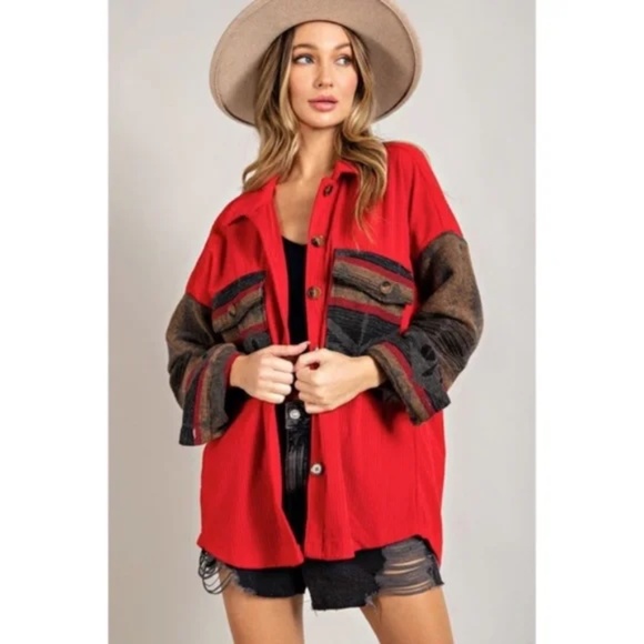 Red Corduroy Aztec Tribal Western Printed Shacket Shirt Jacket - Picture 1 of 6